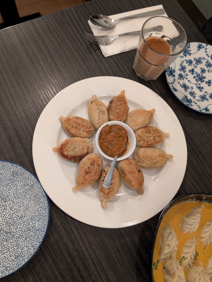 Pan-seared momos with a crisp lower surface